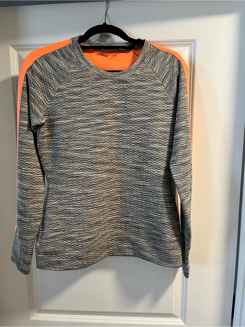 Athleta Grey Textured Long-Sleeve Top with Bright Orange Accents